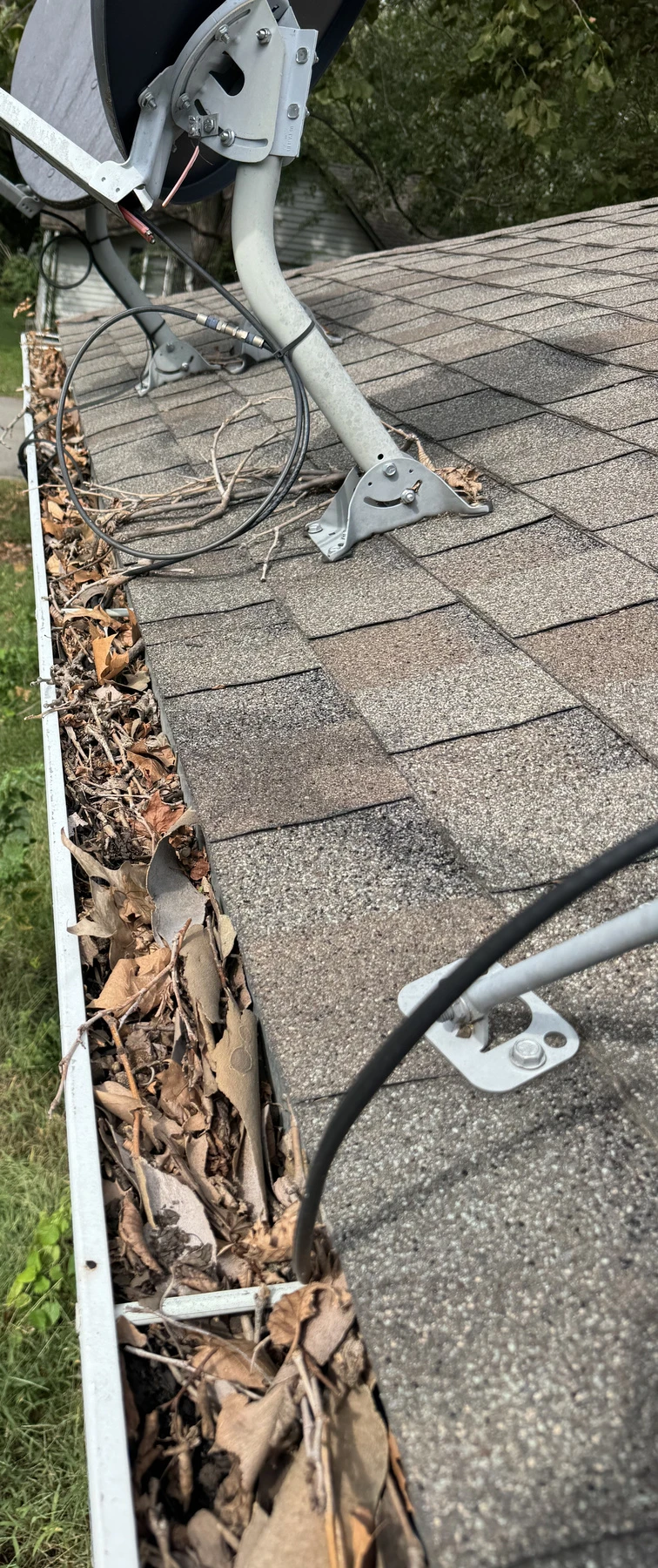 Gutter with accumulated leaves and debris before cleaning